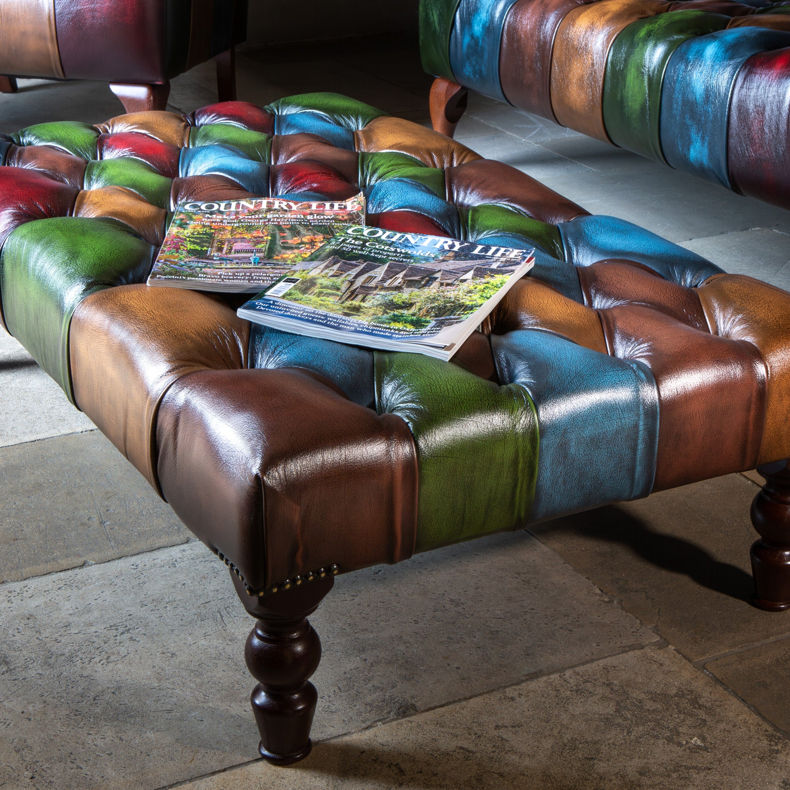 Orange Leather Patchwork Footstool