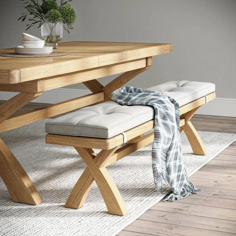 Paris Dining Bench with Cross Leg - Beige Fabric - Oak