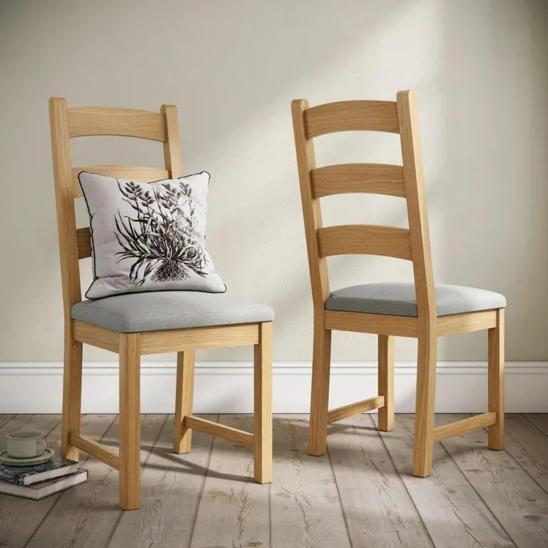 Paris Dining Chair - Set of 2 - Beige Fabric - Ladder Back Oak