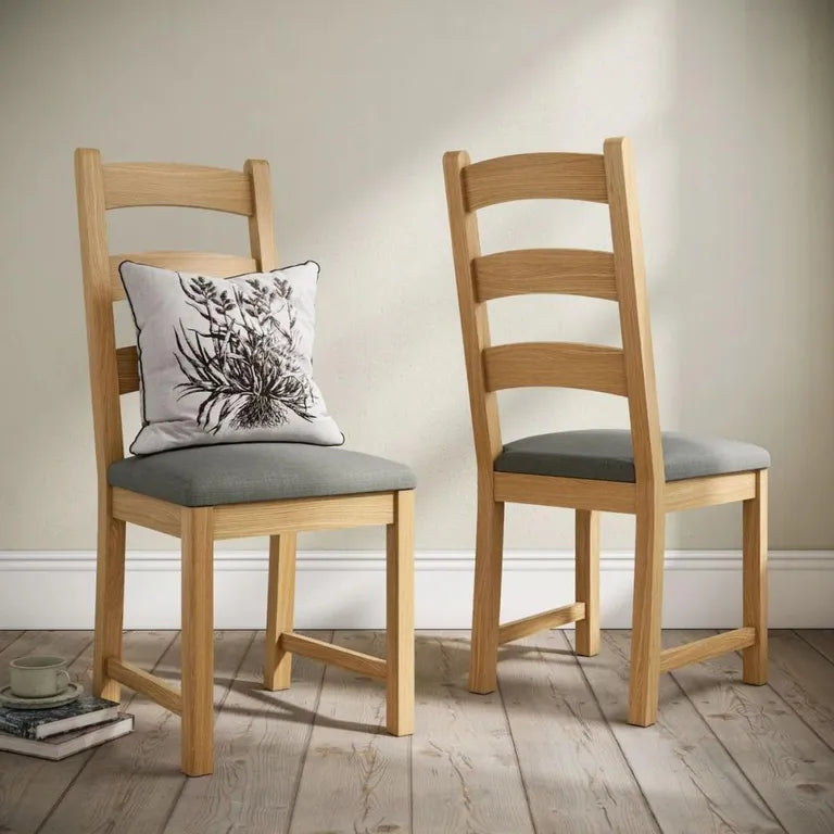 Paris Dining Chair - Set of 2 - Grey Fabric - Ladder Back Oak