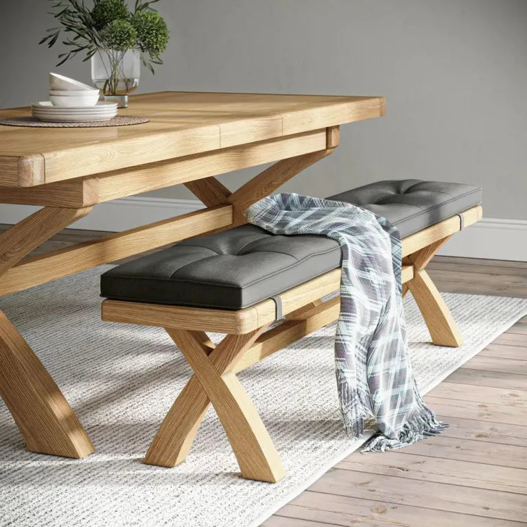Paris Dining Bench with Cross Leg - Beige Fabric - Oak