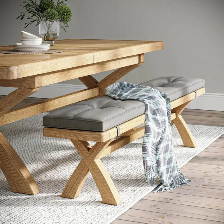 Paris Dining Bench with Cross Leg - Beige Fabric - Oak
