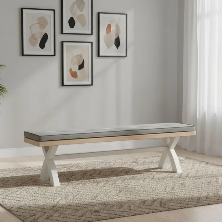 Rouen Dining Bench with Cross Leg - Grey Fabric