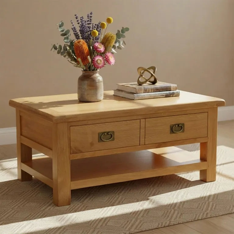 Tours Premium Coffee Table - 2 Drawer - with Shelf - Oak
