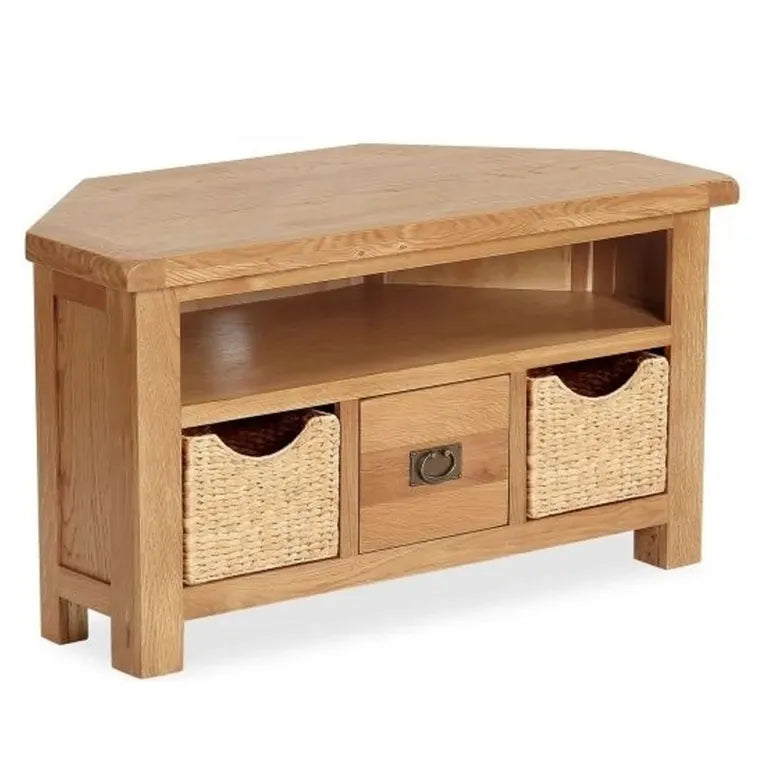 Tours Premium Corner TV Unit - 1 Drawer - with Baskets - Oak