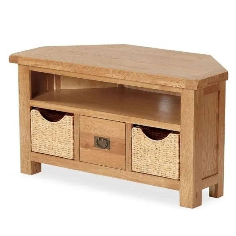 Tours Premium Corner TV Unit - 1 Drawer - with Baskets - Oak