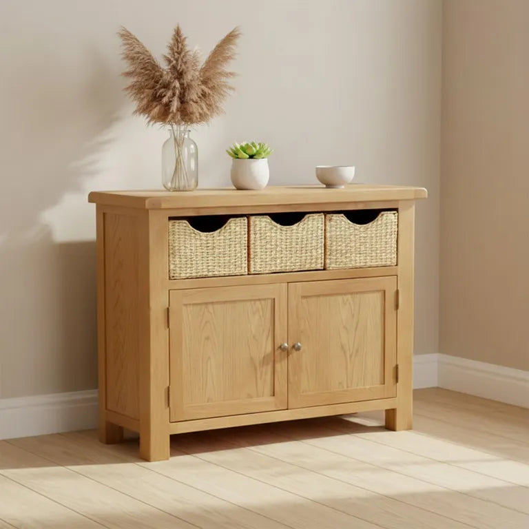 Tours Premium Small Sideboard - 2 Door - with Baskets - Oak - 110cm