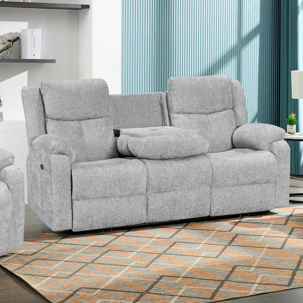 Bergerac Manual Recliner 3 Seater Sofa with Console in Silver